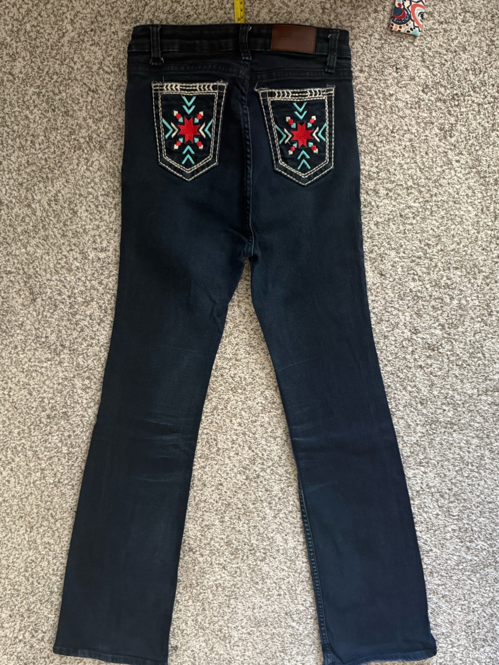 Source Unknown Black Flare Jeans with Red & Teal Pocket Embroidery